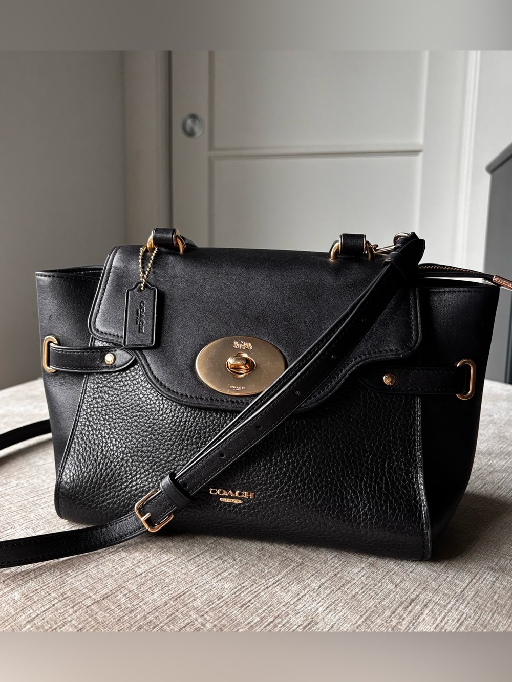 Coach Blake Flap Carryall Black Pebbled Leather Satchel Crossbody Bag